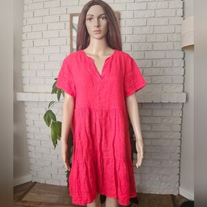 Francesca Bettini Italian Linen Short Sleeve Dress Red V Neck Italy